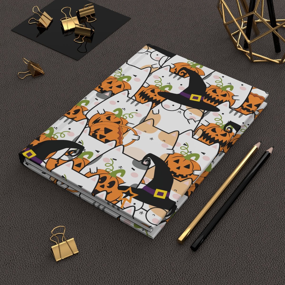 Halloween Kawaii Cats and Pumpkins Hardcover Journal Matte - Puffin Lime