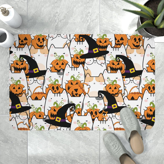 Halloween Kawaii Cats and Pumpkins Memory Foam Bath Mat - Puffin Lime