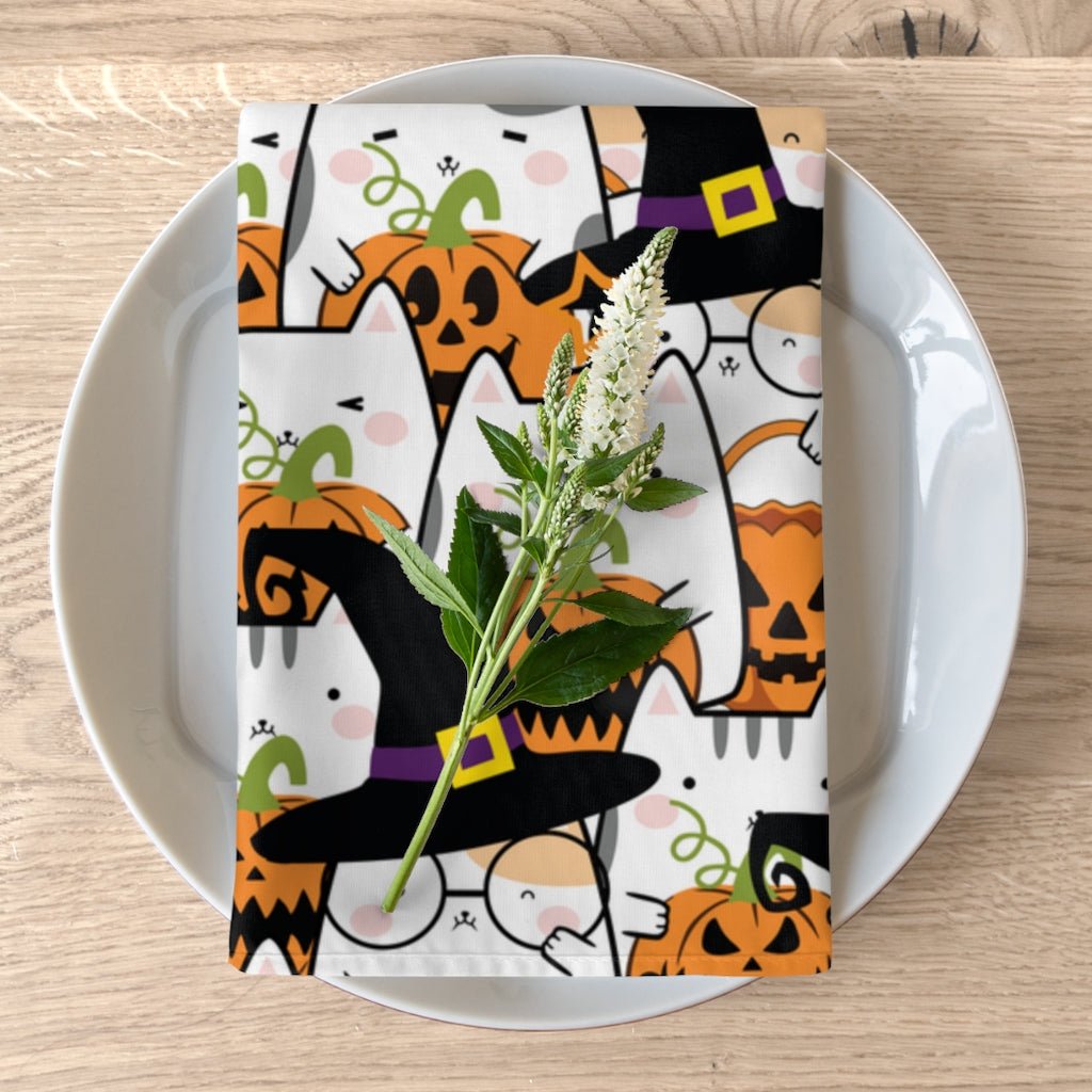 Halloween Kawaii Cats and Pumpkins Napkins - Puffin Lime