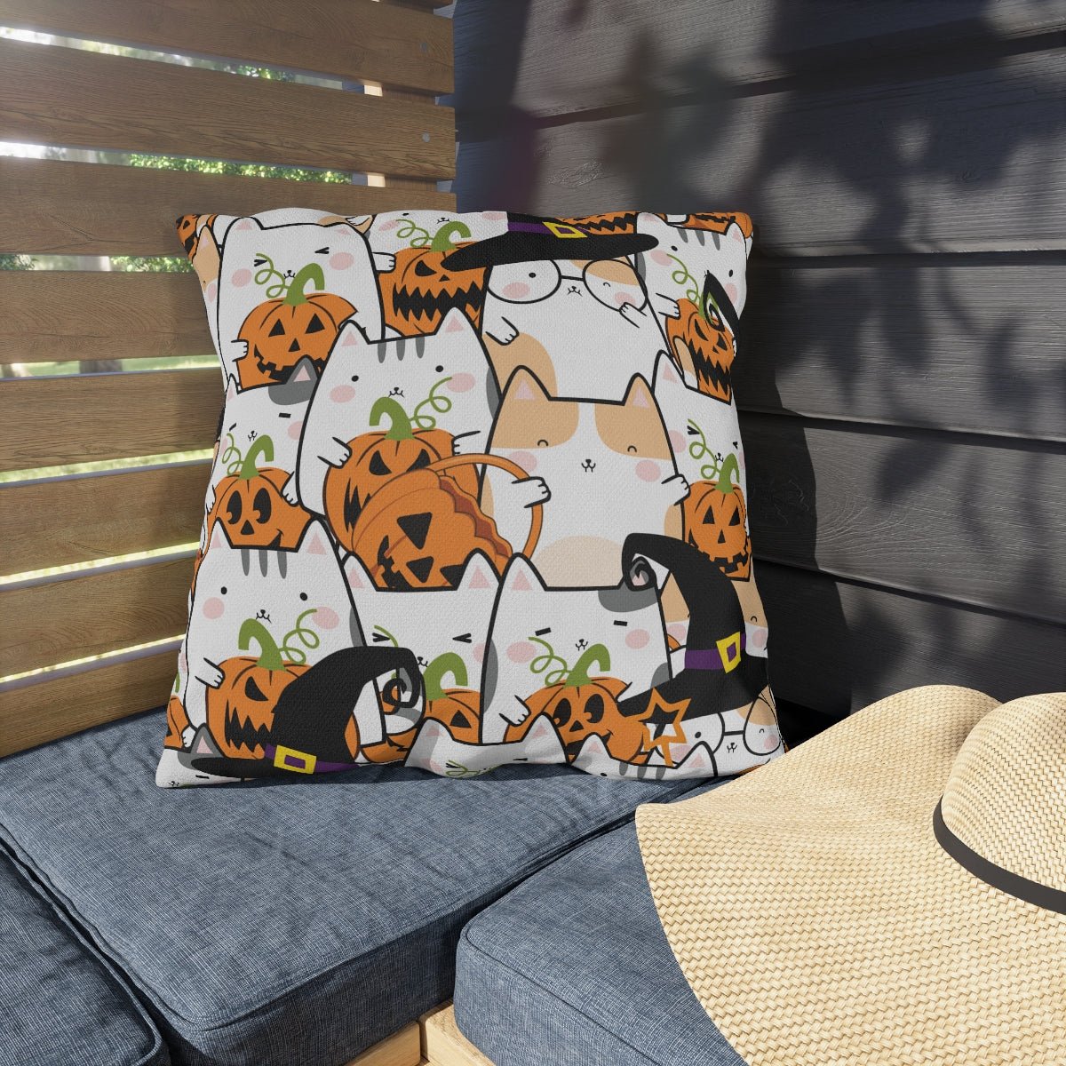 Halloween Kawaii Cats and Pumpkins Outdoor Pillows - Puffin Lime