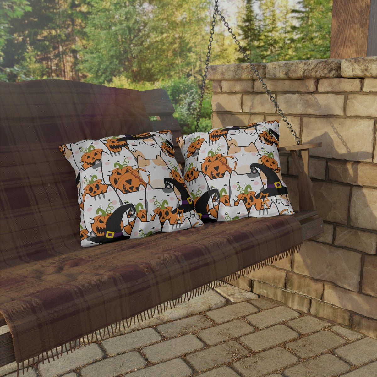 Halloween Kawaii Cats and Pumpkins Outdoor Pillows - Puffin Lime