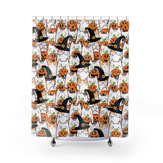 Halloween Kawaii Cats and Pumpkins Shower Curtains - Puffin Lime