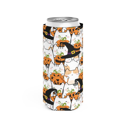 Halloween Kawaii Cats and Pumpkins Slim Can Cooler - Puffin Lime