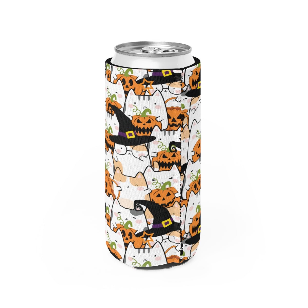 Halloween Kawaii Cats and Pumpkins Slim Can Cooler - Puffin Lime