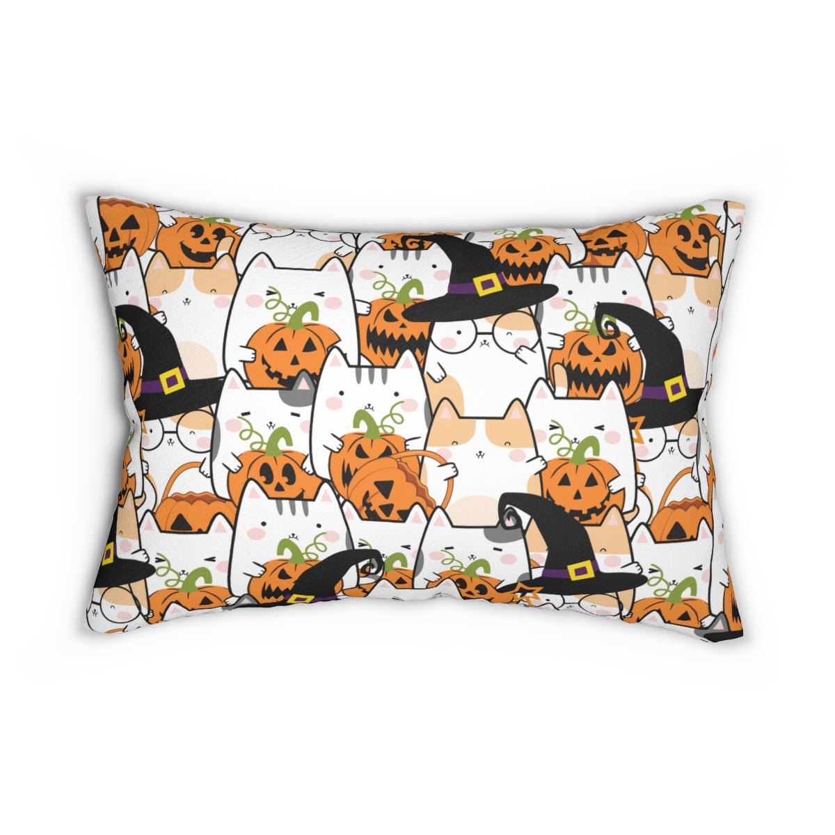 Halloween Kawaii Cats and Pumpkins Spun Polyester Lumbar Pillow - Puffin Lime