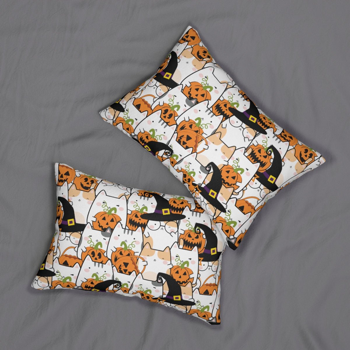 Halloween Kawaii Cats and Pumpkins Spun Polyester Lumbar Pillow - Puffin Lime