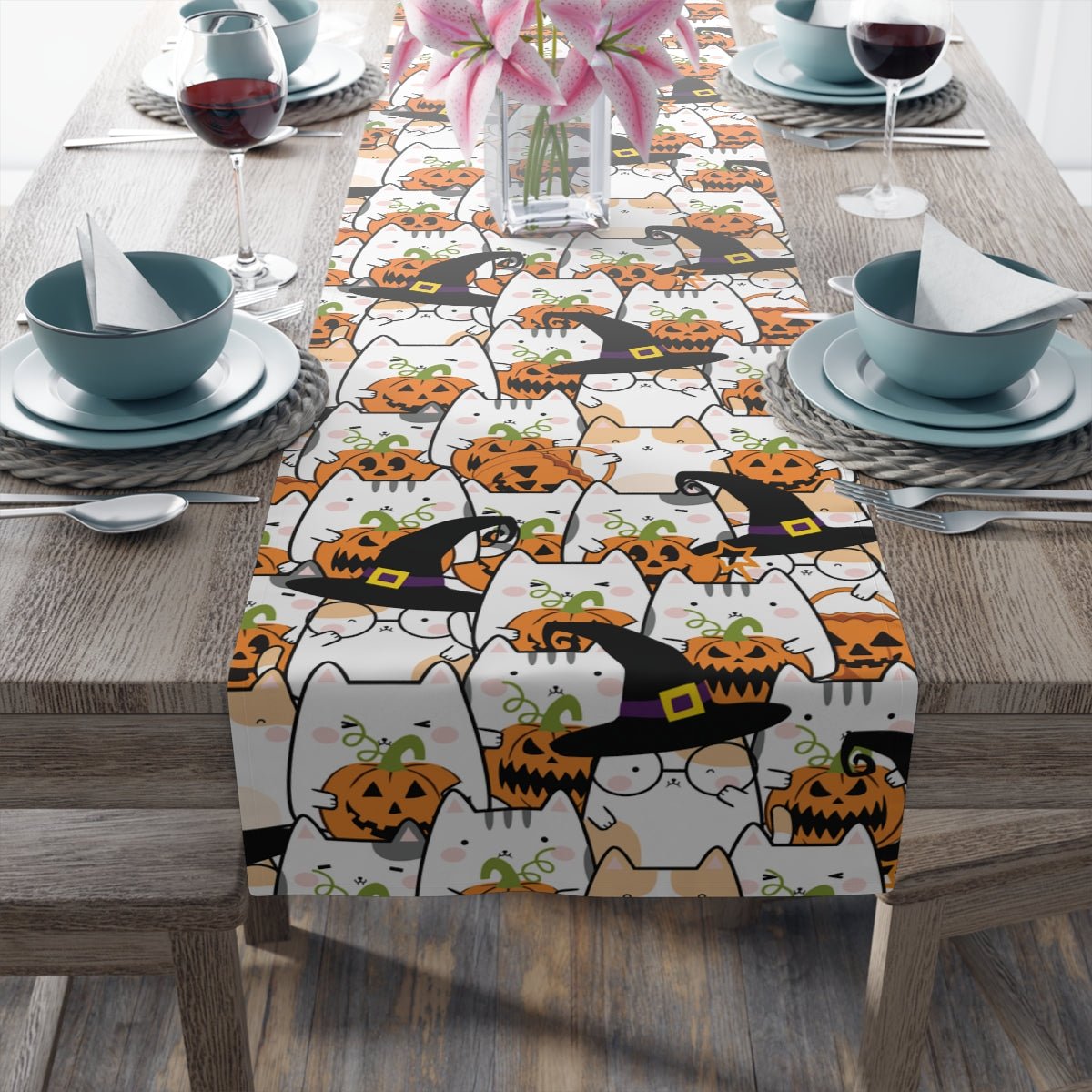 Halloween Kawaii Cats and Pumpkins Table Runner - Puffin Lime