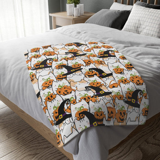 Halloween Kawaii Cats and Pumpkins Velveteen Minky Blanket (Two-sided print) - Puffin Lime