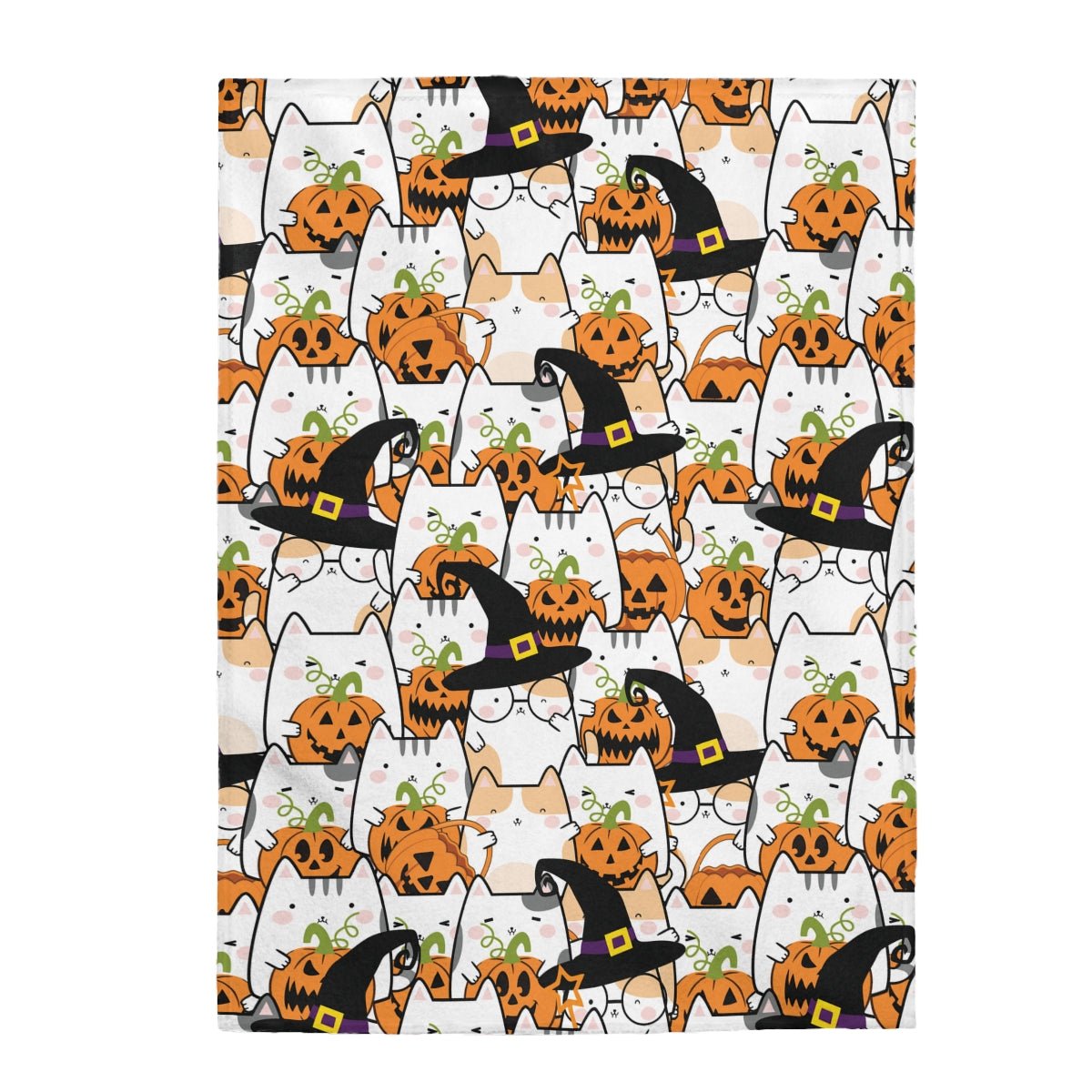 Halloween Kawaii Cats and Pumpkins Velveteen Plush Blanket - Puffin Lime