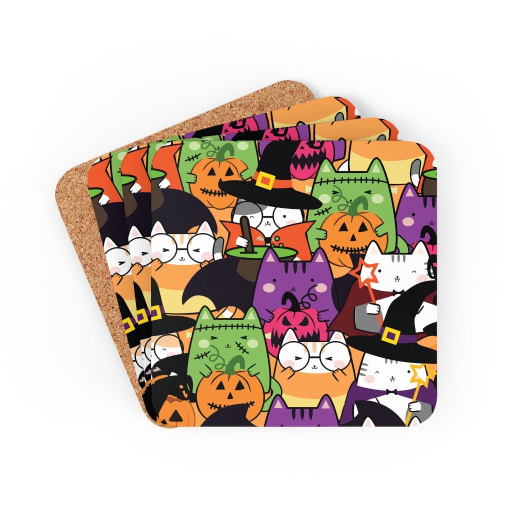 Halloween Kawaii Cats Corkwood Coaster Set - Puffin Lime