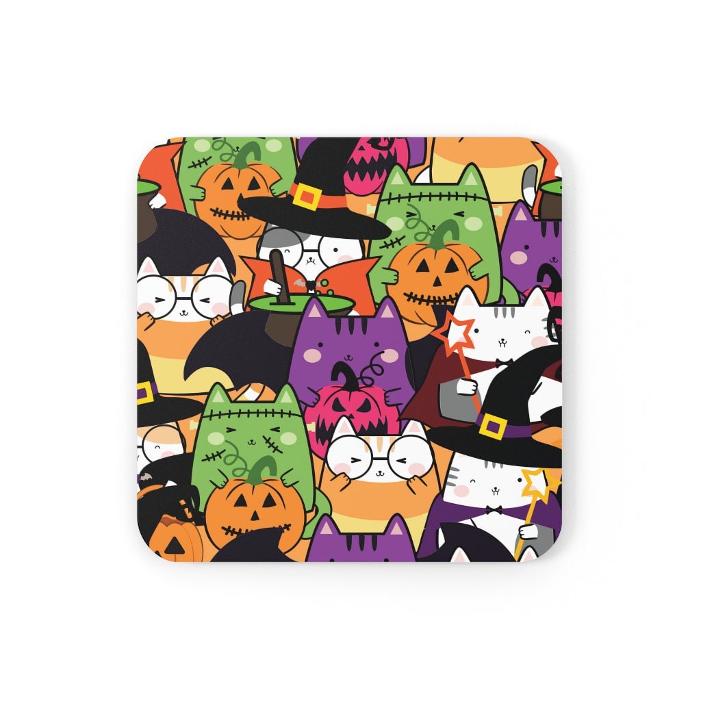 Halloween Kawaii Cats Corkwood Coaster Set - Puffin Lime