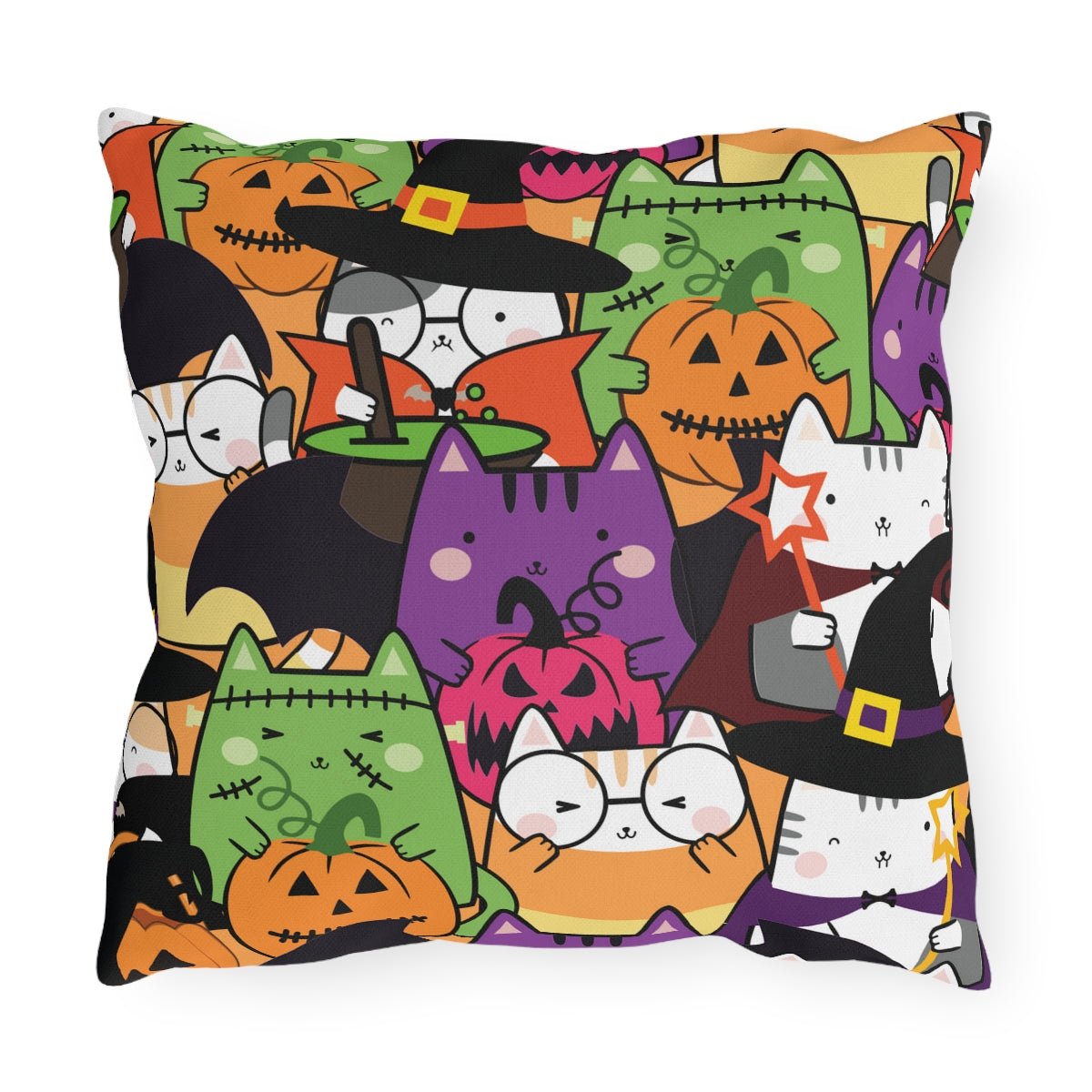 Halloween Kawaii Cats Outdoor Pillows - Puffin Lime
