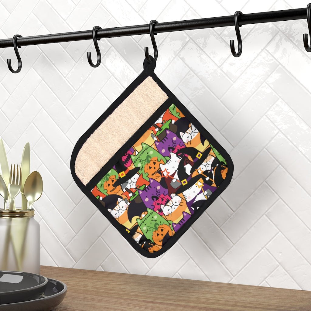 Halloween Kawaii Cats Pot Holder with Pocket - Puffin Lime