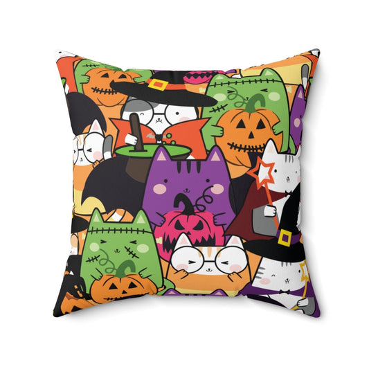 Halloween Kawaii Cats Spun Polyester Square Pillow - Puffin Lime