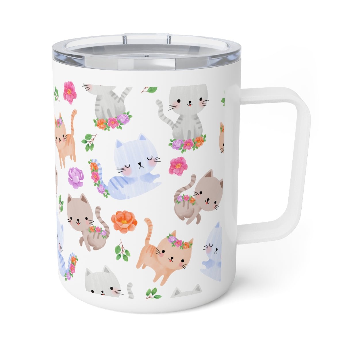 Happy Cats and Flowers Insulated Coffee Mug - Puffin Lime