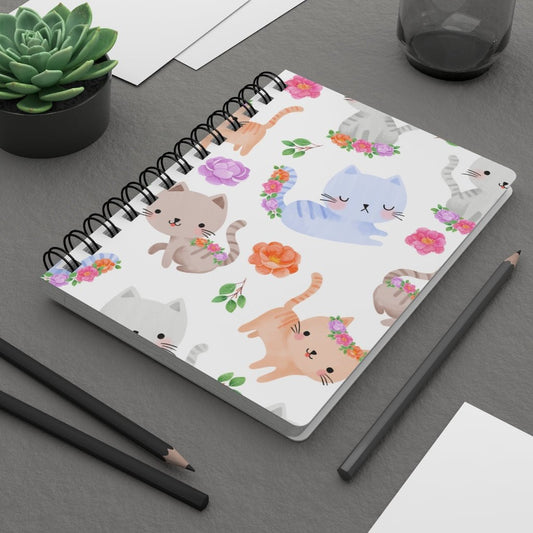 Happy Cats and Flowers Spiral Bound Journal - Puffin Lime