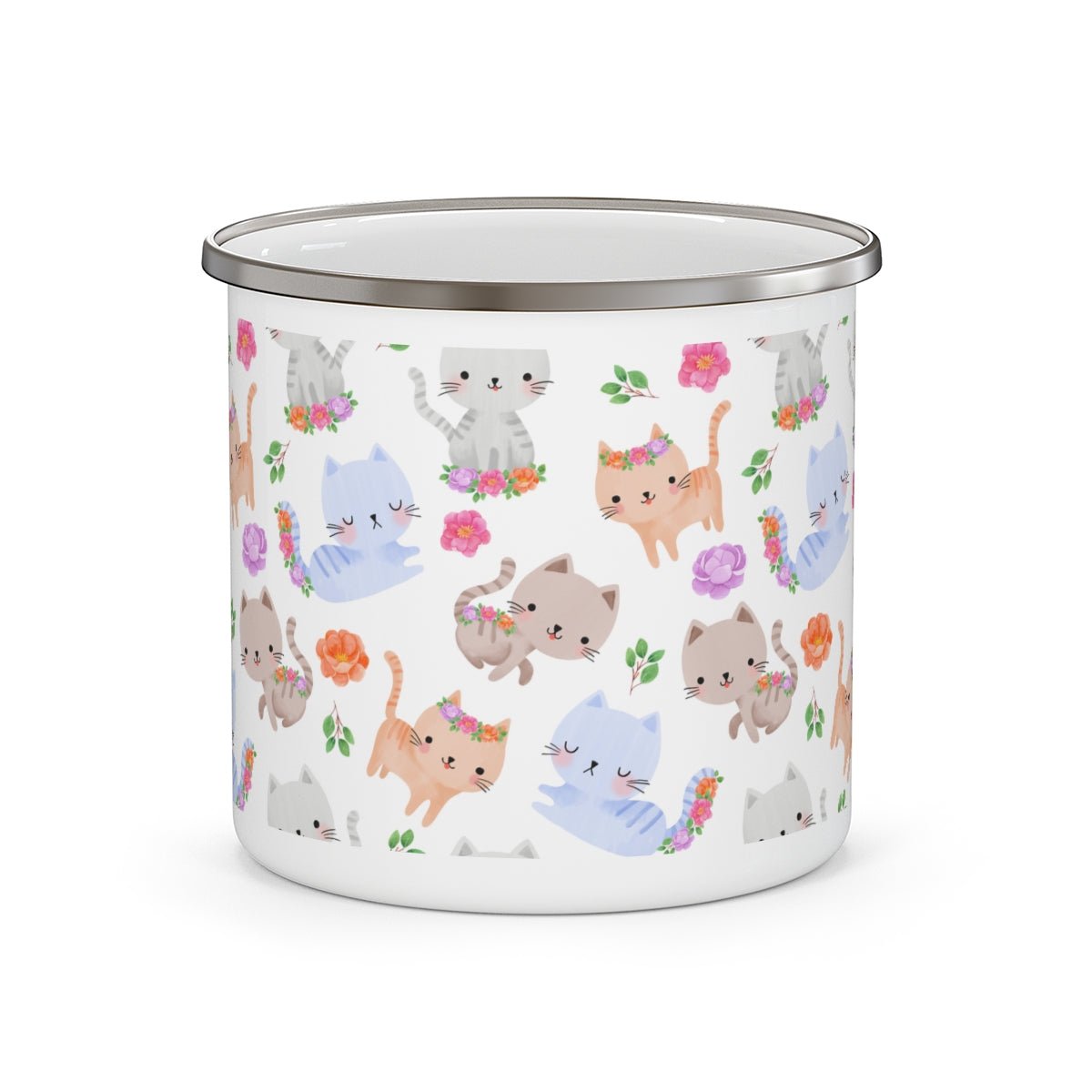 Happy Cats and Flowers Stainless Steel Camping Mug - Puffin Lime
