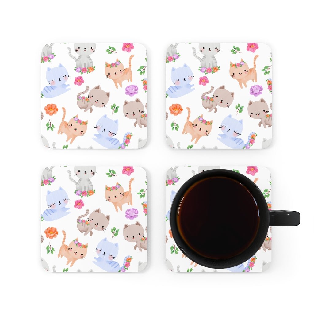 Happy Cats Corkwood Coaster Set - Puffin Lime
