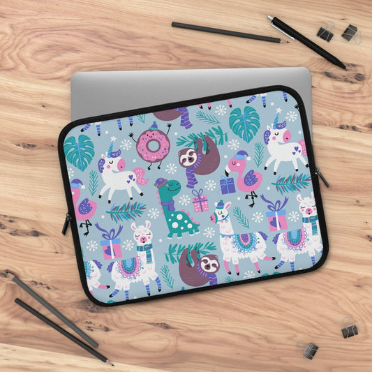 Happy Christmas Animals Laptop Sleeve - Puffin Lime