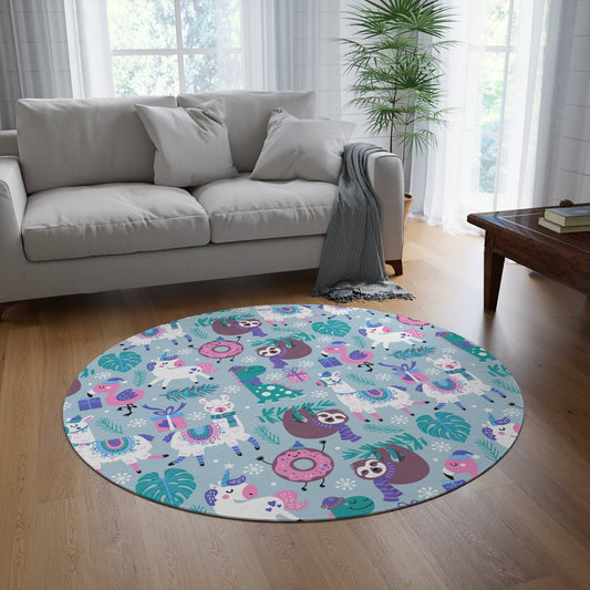 Happy Christmas Animals Round Rug - Puffin Lime