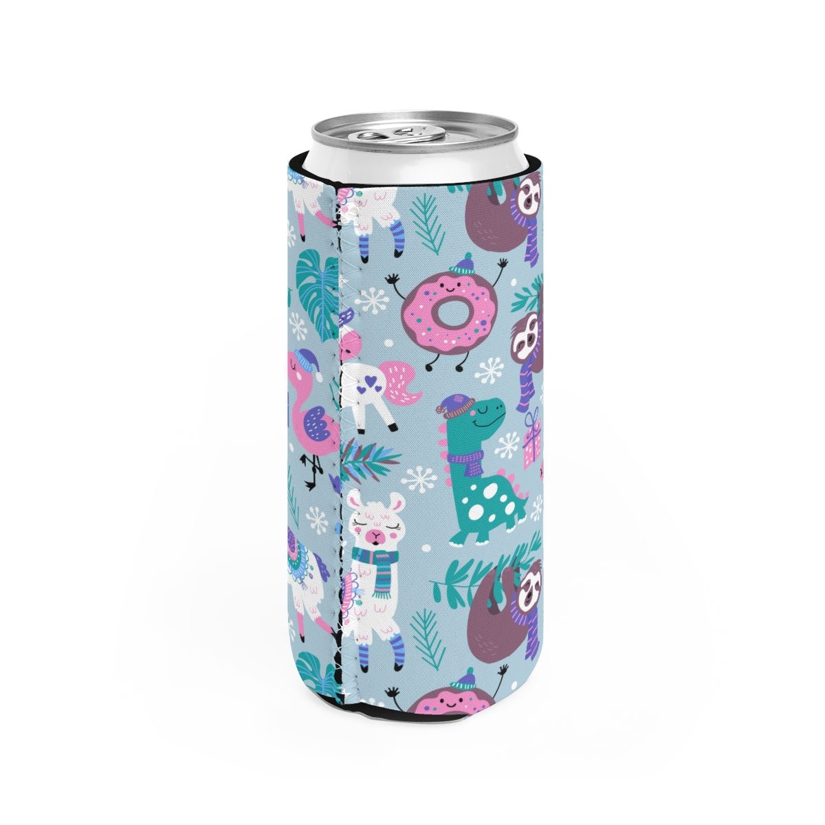 Happy Christmas Animals Slim Can Cooler - Puffin Lime