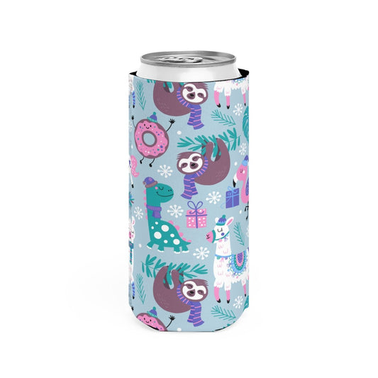 Happy Christmas Animals Slim Can Cooler - Puffin Lime