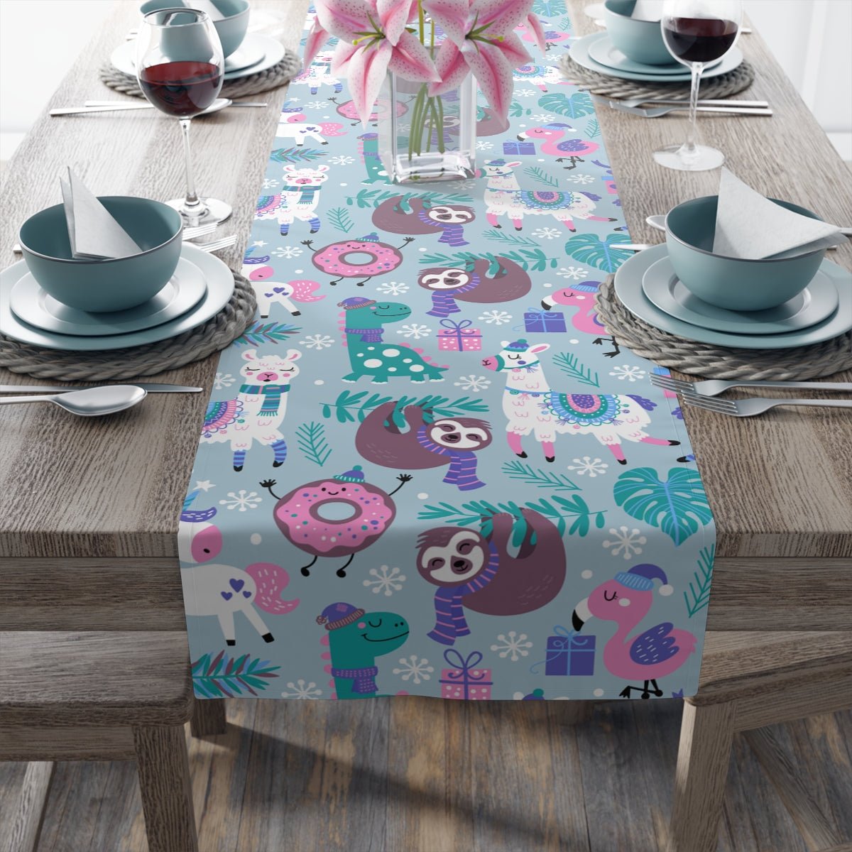 Happy Christmas Animals Table Runner - Puffin Lime