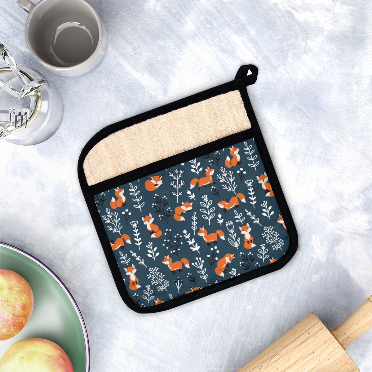 Happy Foxes Pot Holder with Pocket - Puffin Lime