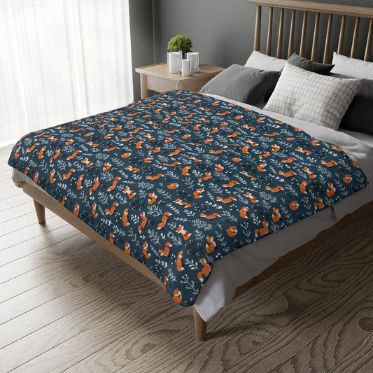 Happy Foxes Velveteen Minky Blanket (Two-sided print) - Puffin Lime
