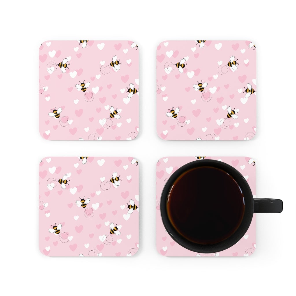 Honey Bee Hearts Corkwood Coaster Set - Puffin Lime