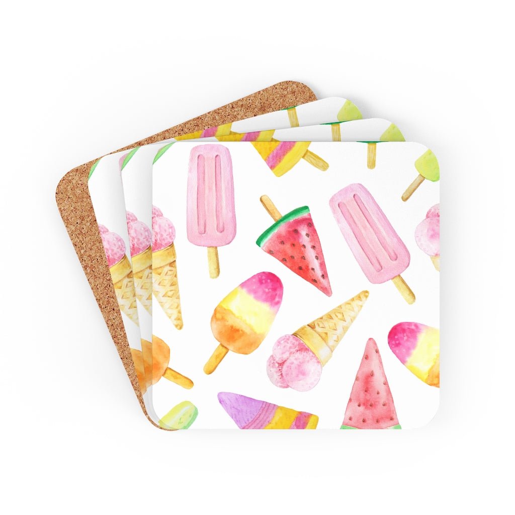 Ice Cream Cones and Popsicles Corkwood Coaster Set - Puffin Lime