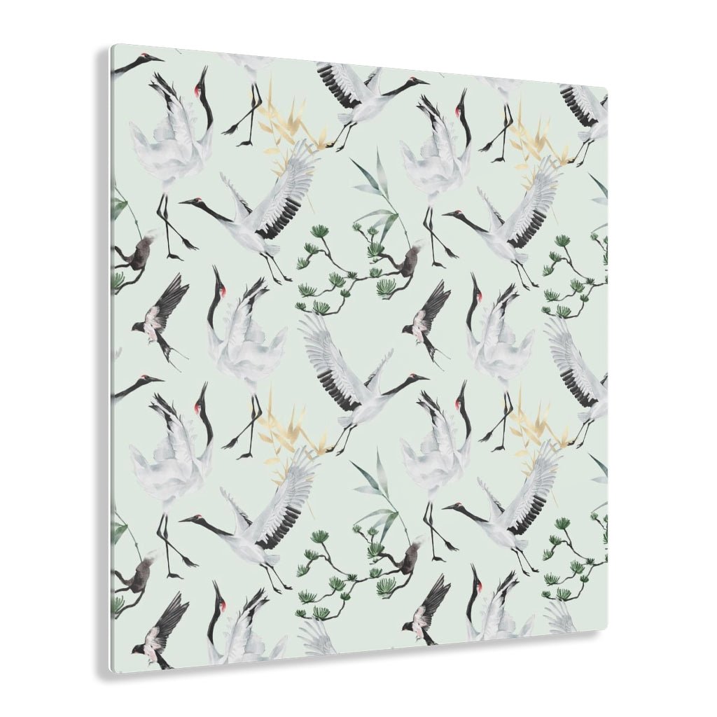 Japanese Cranes Square 12" x 12" Acrylic Print - Puffin Lime
