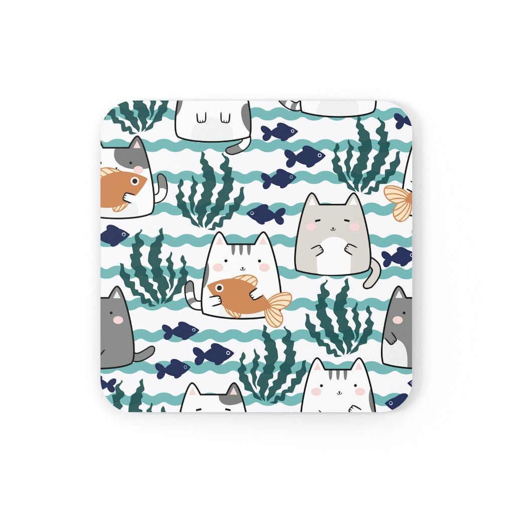 Kawaii Cats and Fishes Corkwood Coaster Set - Puffin Lime