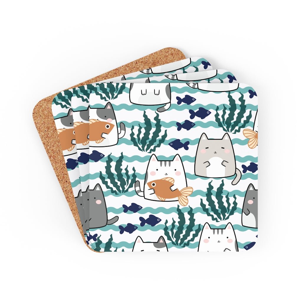 Kawaii Cats and Fishes Corkwood Coaster Set - Puffin Lime