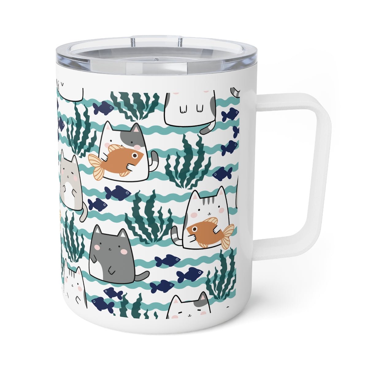 Kawaii Cats and Fishes Insulated Coffee Mug - Puffin Lime