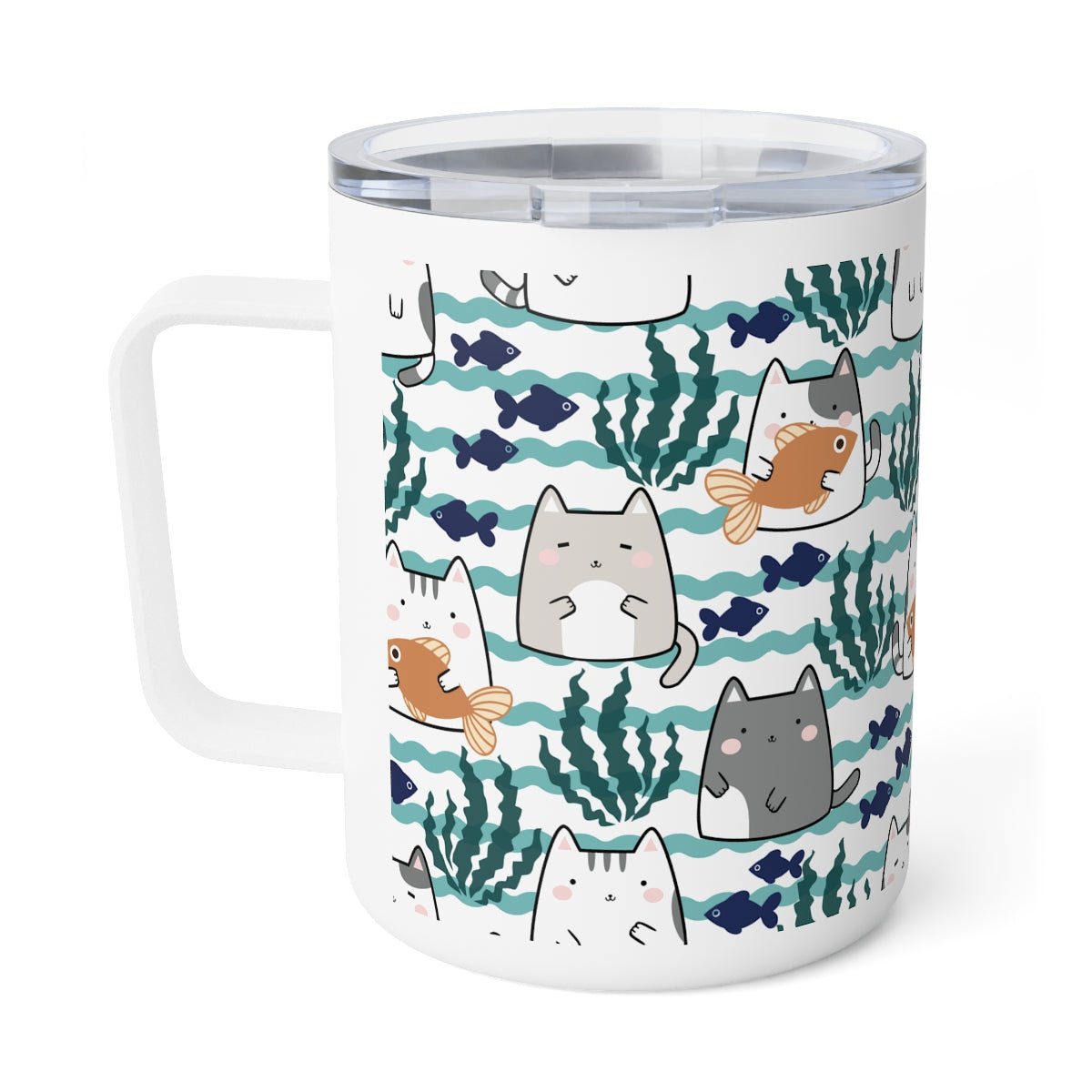 Kawaii Cats and Fishes Insulated Coffee Mug - Puffin Lime