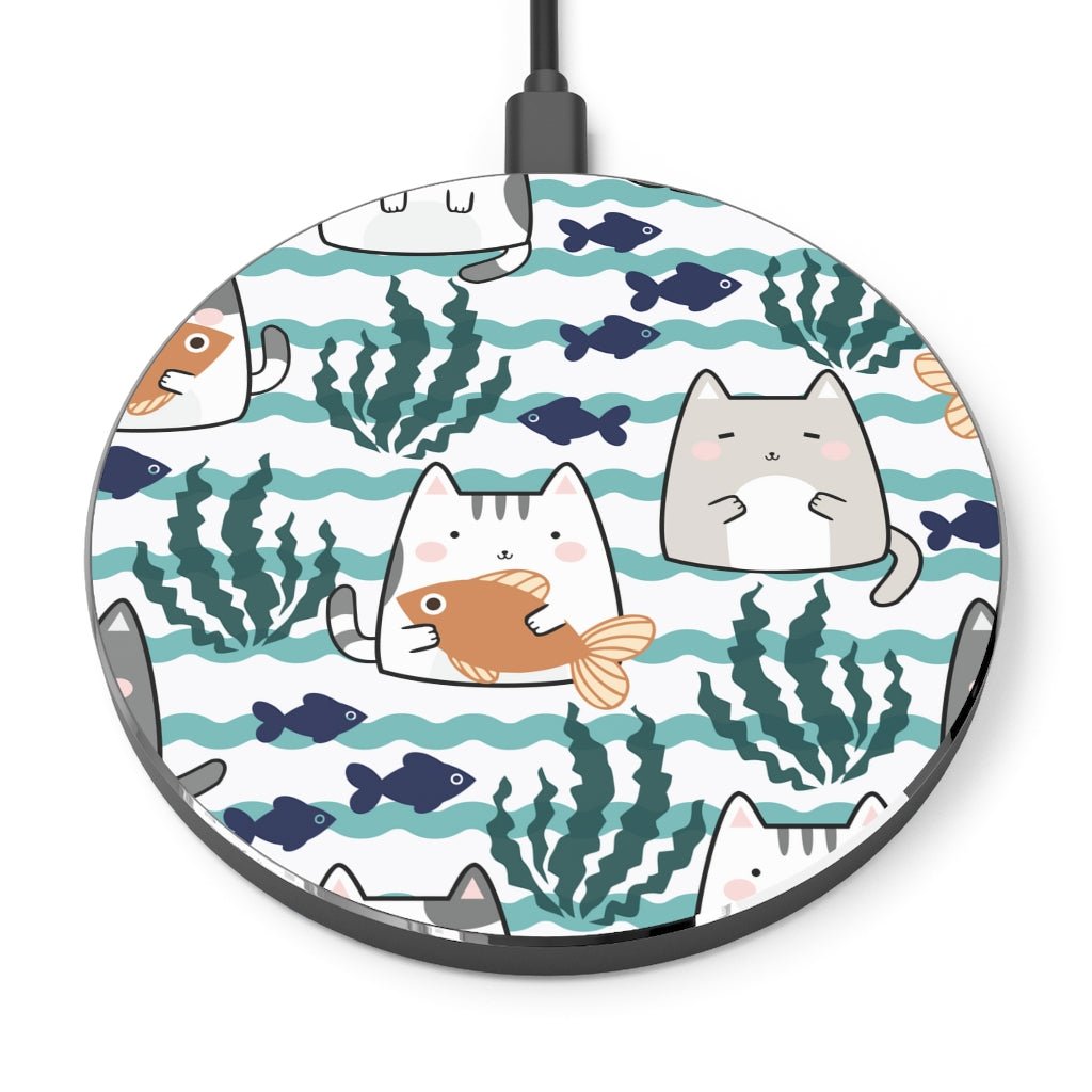 Kawaii Cats and Fishes Wireless Charger - Puffin Lime