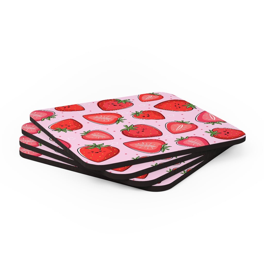 Kawaii Strawberries Corkwood Coaster Set - Puffin Lime
