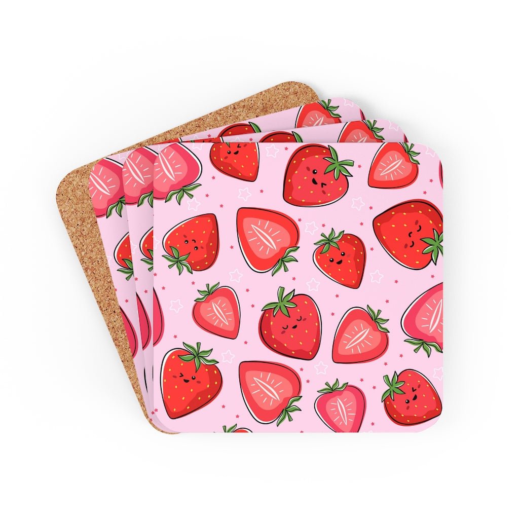 Kawaii Strawberries Corkwood Coaster Set - Puffin Lime