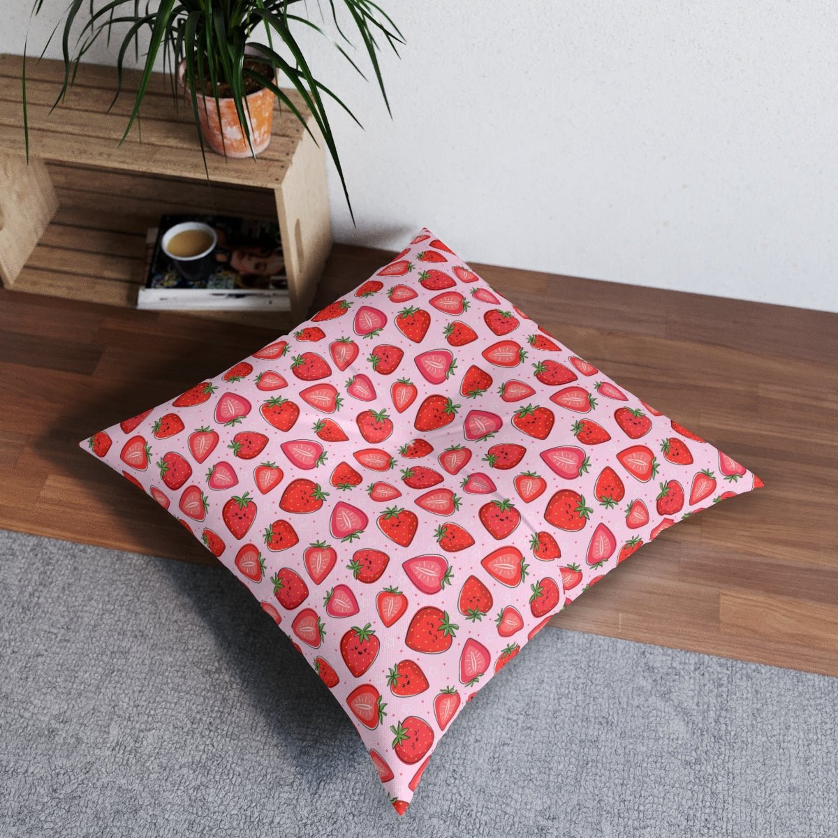 Kawaii Strawberries Tufted Square Floor Pillow - Puffin Lime