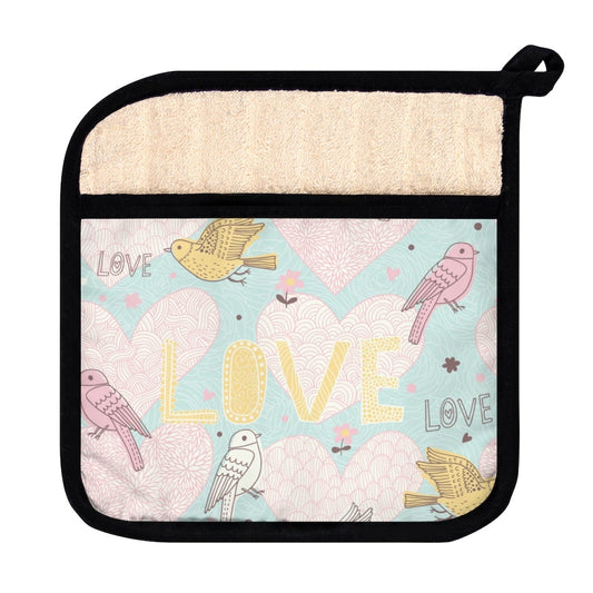 Love Birds Pot Holder with Pocket - Puffin Lime