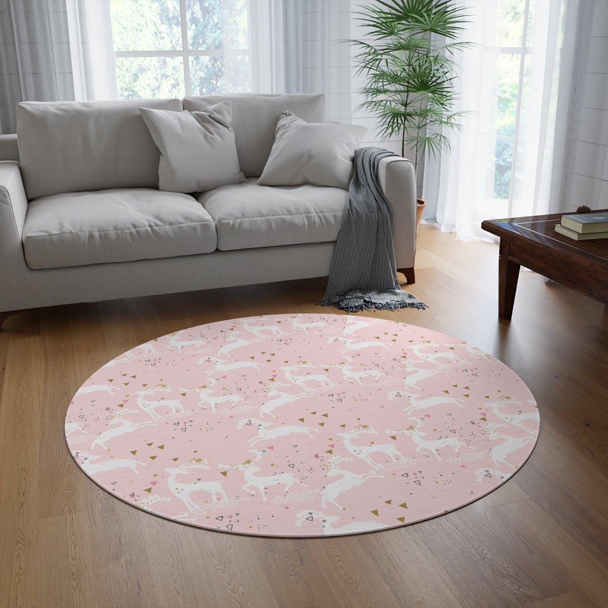 Magical Reindeers Round Rug - Puffin Lime