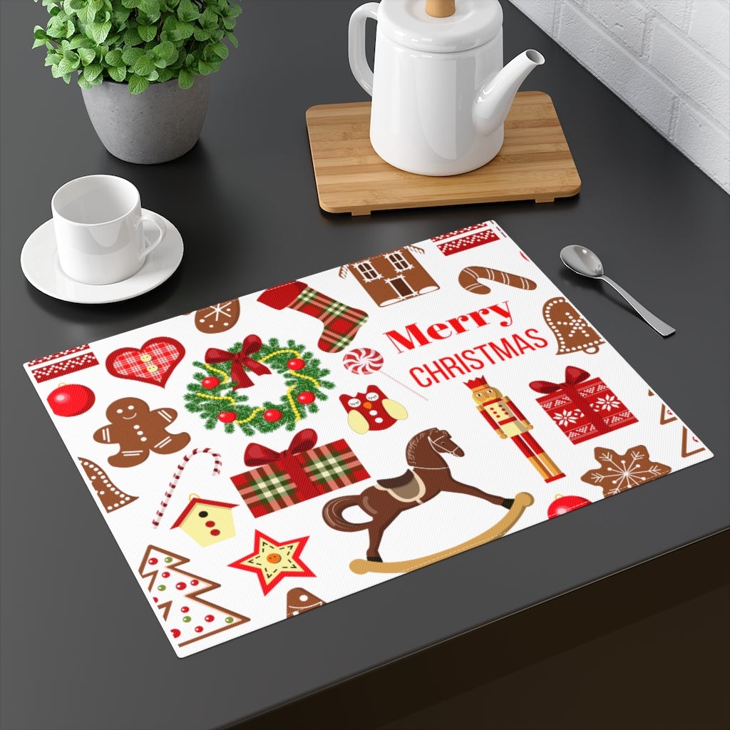 Merry Christmas Tree Wreath and Rocking Horse Cotton Placemat