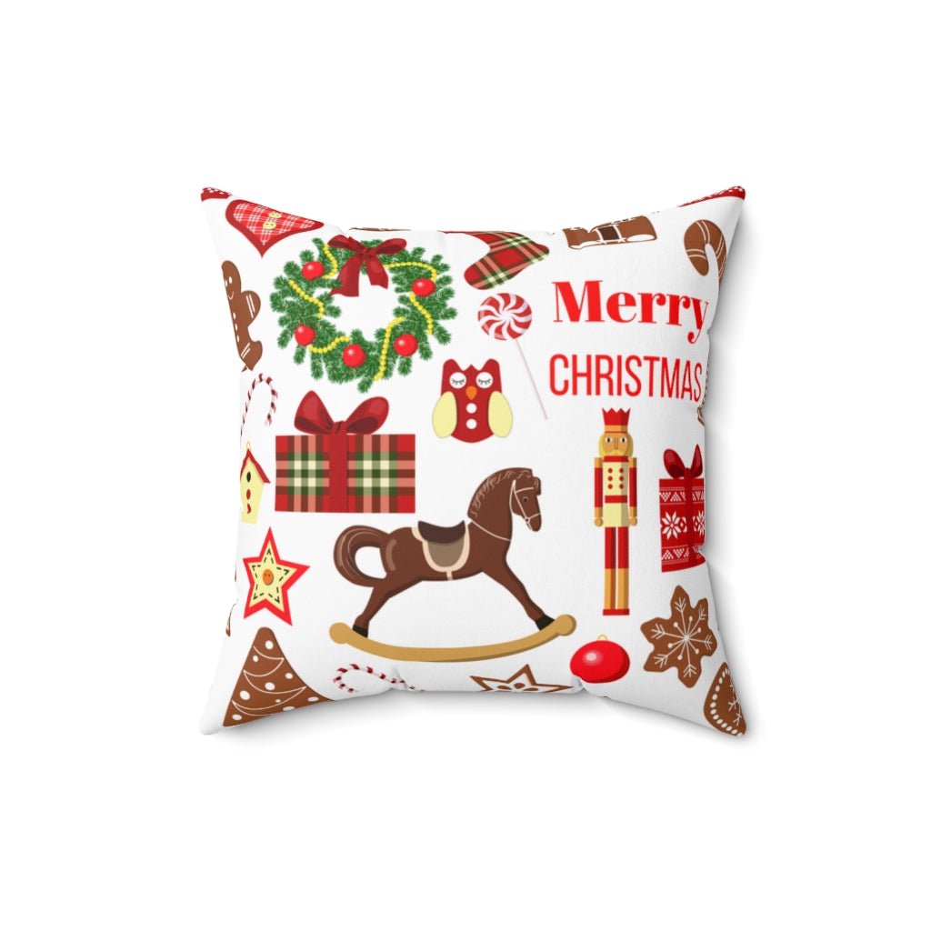 Merry Christmas Tree Wreath and Rocking Horse Polyester Throw Pillow - Puffin Lime