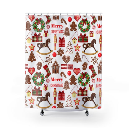 Merry Christmas Tree Wreath and Rocking Horse Shower Curtains