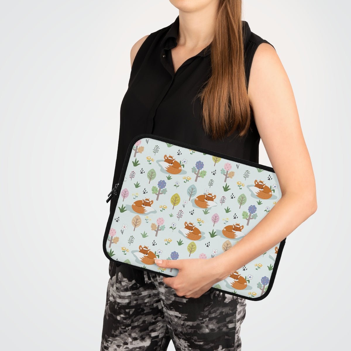Mom and Baby Fox Laptop Sleeve - Puffin Lime