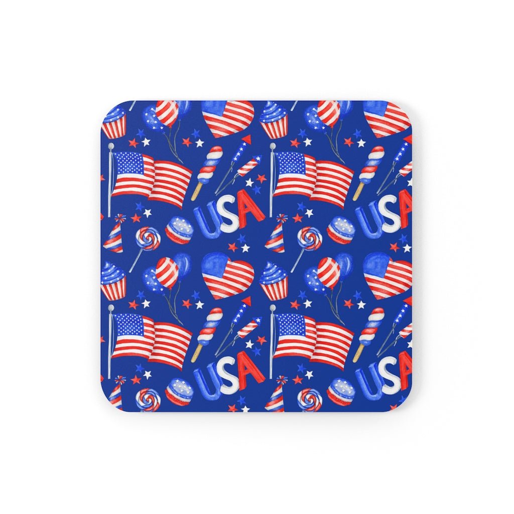 Patriotic Hearts and Flags Corkwood Coaster Set - Puffin Lime