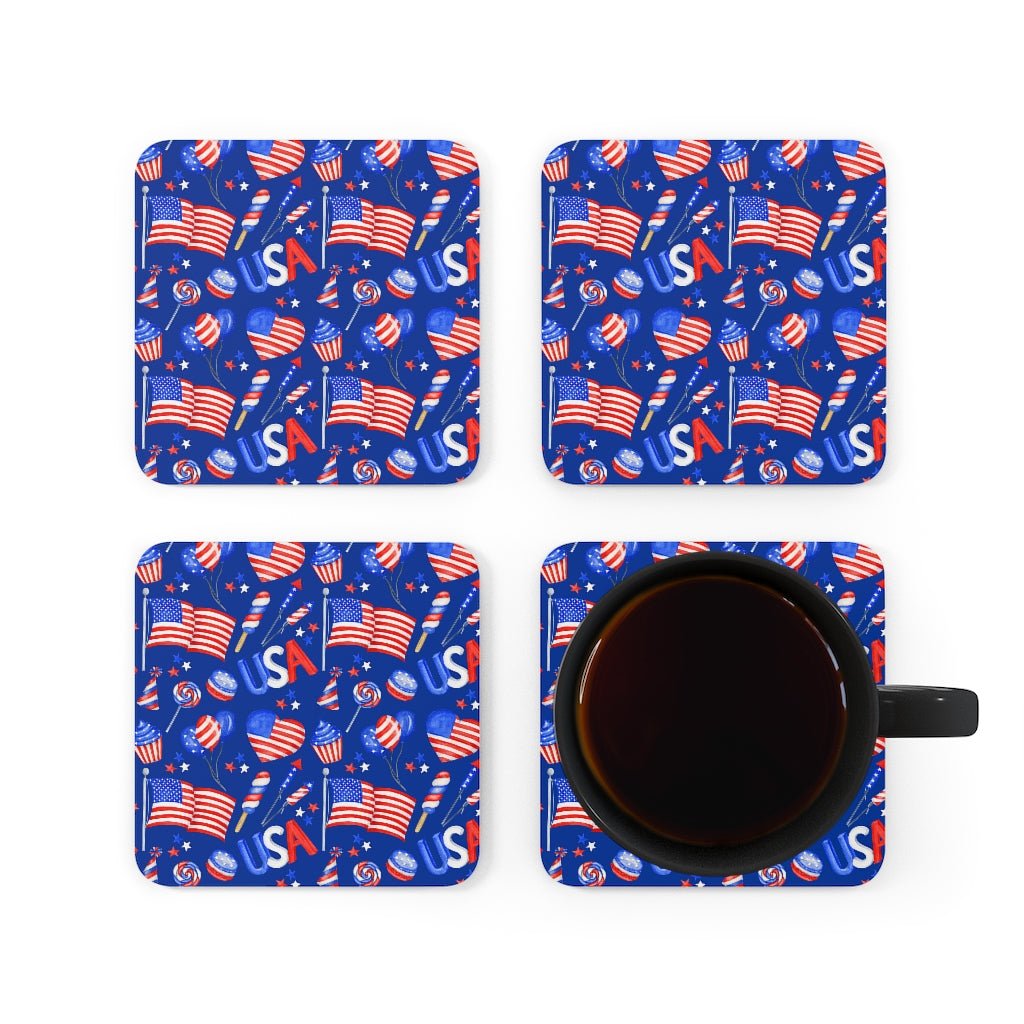 Patriotic Hearts and Flags Corkwood Coaster Set - Puffin Lime