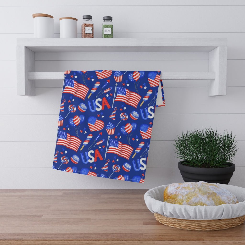 Patriotic Hearts and Flags Kitchen Towel - Puffin Lime