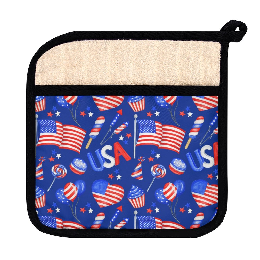 Patriotic Hearts and Flags Pot Holder with Pocket - Puffin Lime